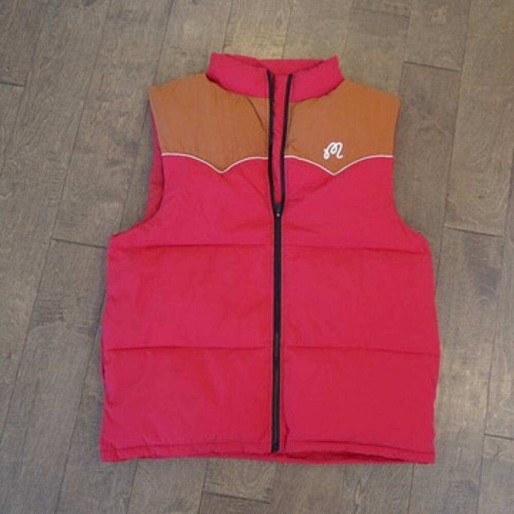 Malbon Vest Mens Large Red Brown Nylon Puffer Quilted Full Zip Insulated Golf